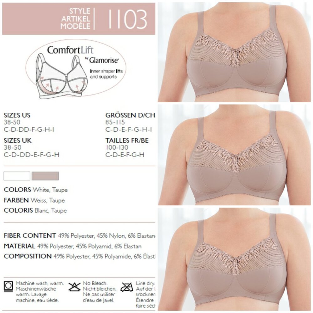 Set of 3! 50G Plus-Size Glamorise COMFORT LIFT Wireless Bra SOFT-LACE Taupe NEW
